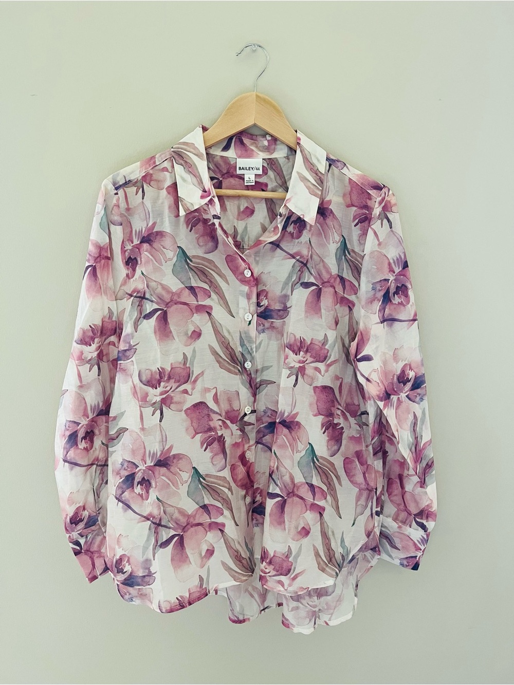 BAILEY 44 Floral Print Button Front Sheer Blouse Top Women’s Size L‎ Pink Boho